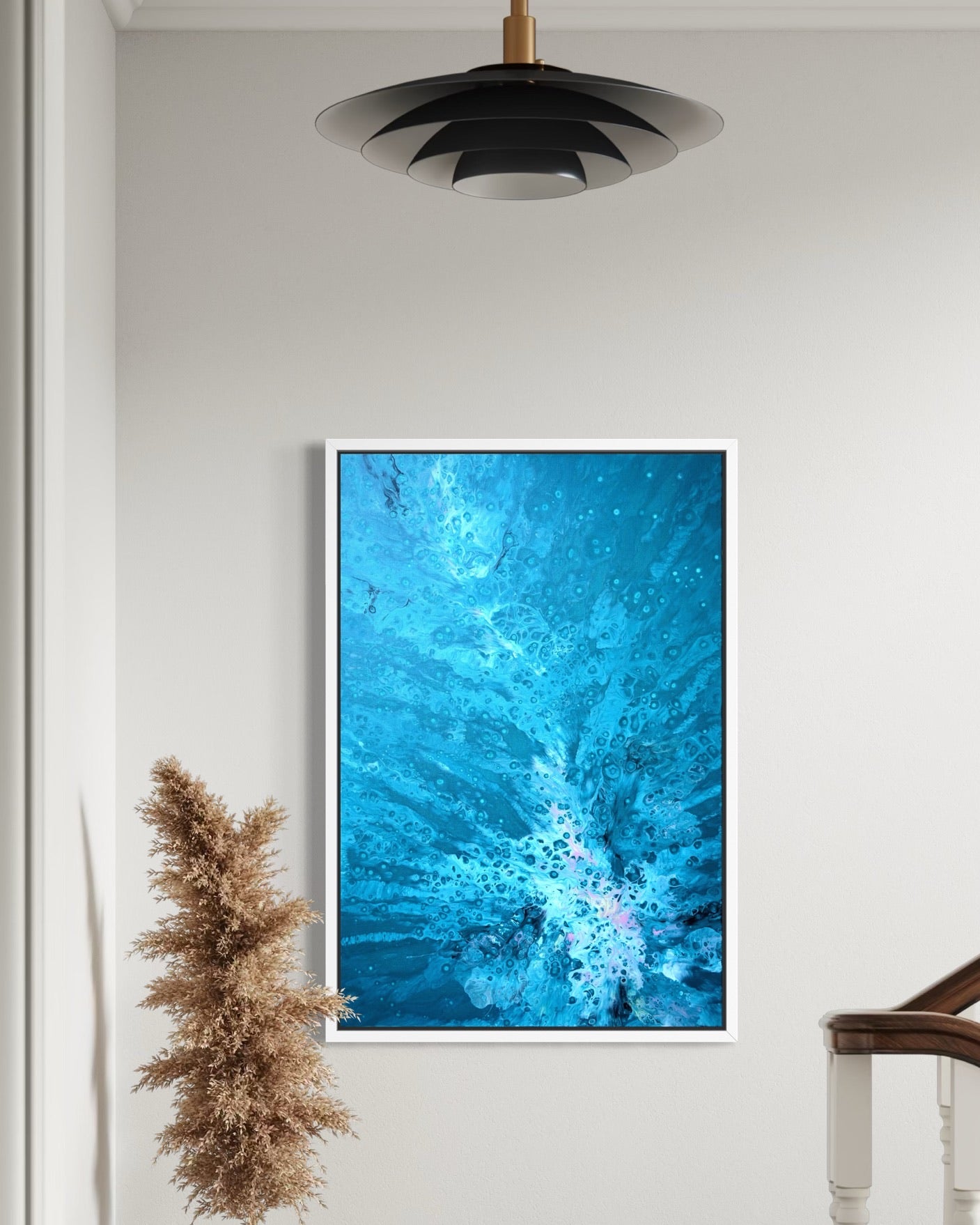 Large original acrylic fluid art painting titled “Abyssal Bloom” by Liam “Bowie” Washington, featuring deep ocean blues and dynamic swirling patterns.
