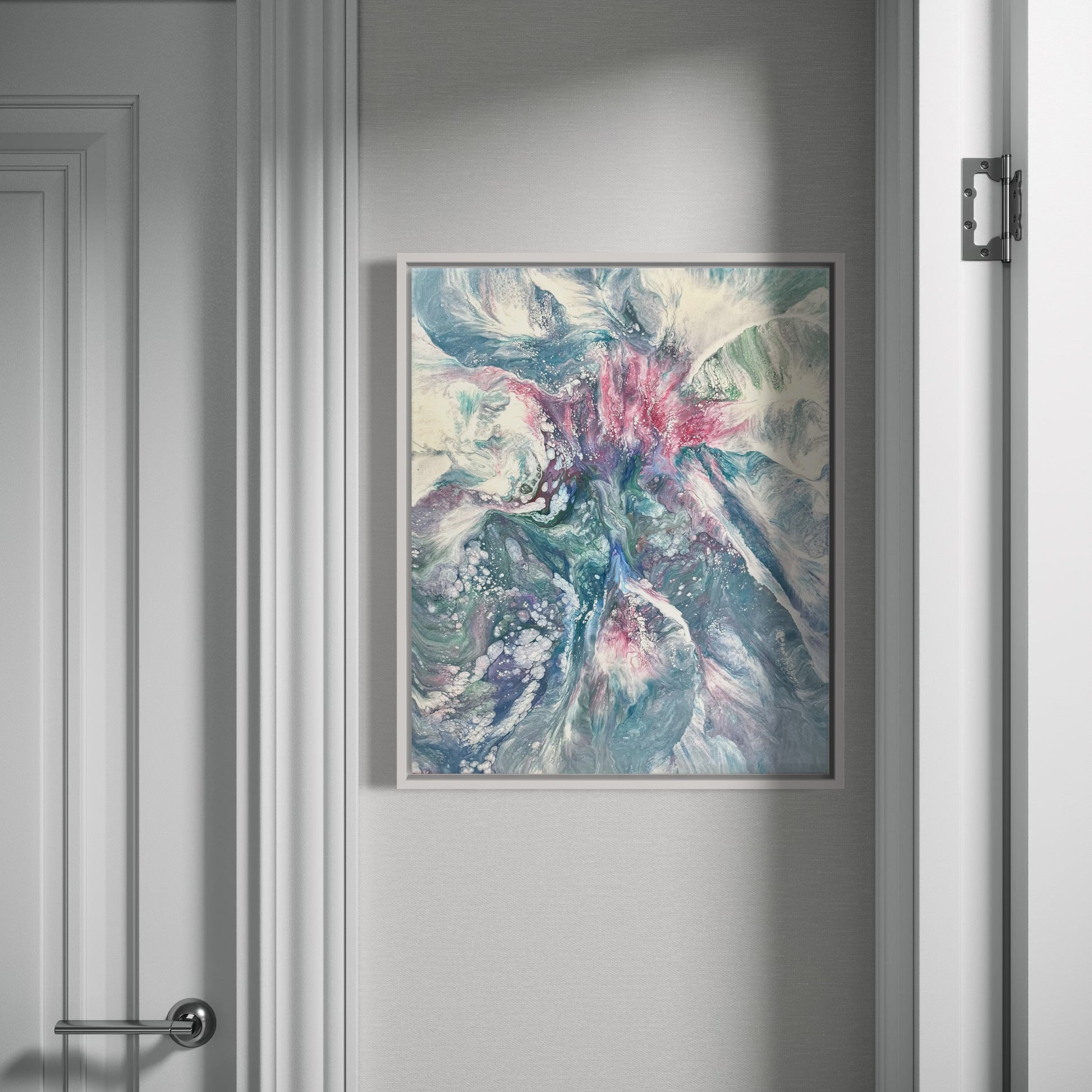 Original acrylic fluid art titled “Blooming Galaxy” by Liam “Bowie” Washington featuring cosmic blues, purples, and white star-like details.