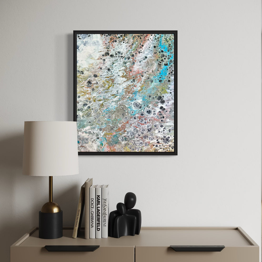 Original acrylic fluid painting titled “Celestial Tides” by Liam “Bowie” Washington featuring swirling deep blues and cosmic white highlights.