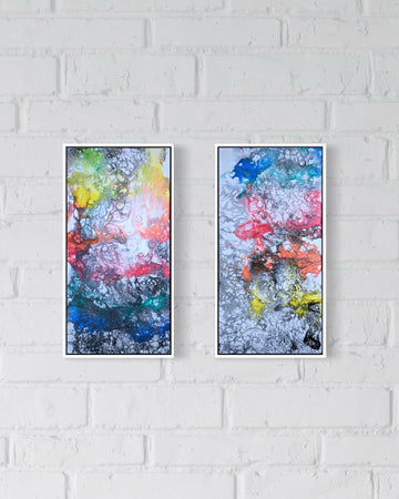 Original acrylic fluid art painting titled “Chromatic Collision” by Liam “Bowie” Washington featuring bold blended blue and magenta motion.