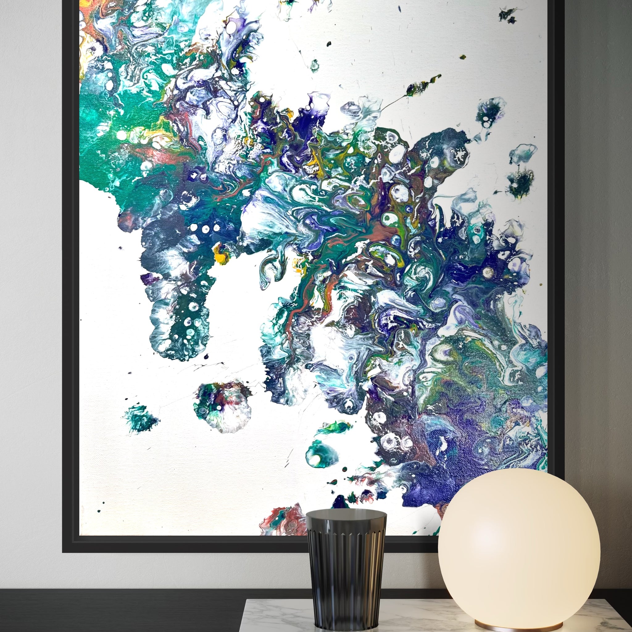 Original acrylic fluid art titled “Cosmic Reef” by Liam “Bowie” Washington blending oceanic blues, sea foam white, and reef-like textures.