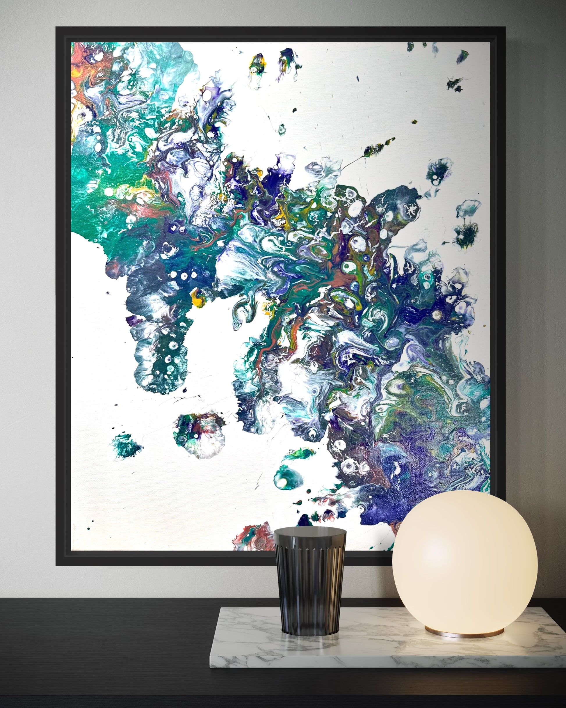 Original acrylic fluid art titled “Cosmic Reef” by Liam “Bowie” Washington blending oceanic blues, sea foam white, and reef-like textures.