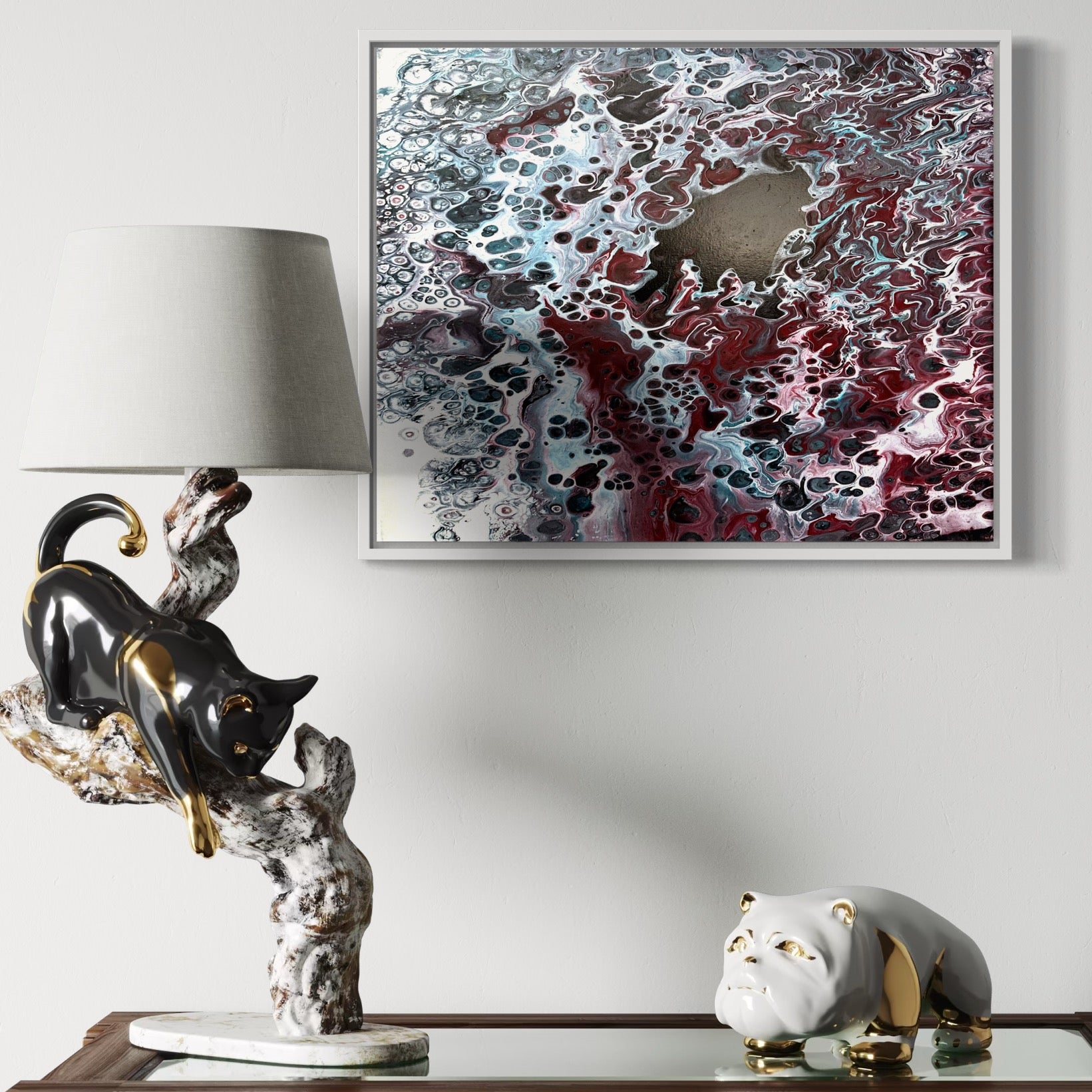 Original acrylic painting titled “Crimson Core” by Liam “Bowie” Washington with bold crimson reds and dramatic fluid texture.