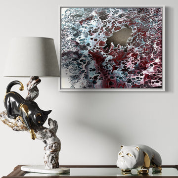 Original acrylic painting titled “Crimson Core” by Liam “Bowie” Washington with bold crimson reds and dramatic fluid texture.