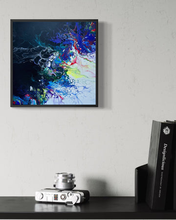 Original acrylic fluid art painting titled “Currents of Courage” by neurodivergent young artist Liam “Bowie” Washington, featuring bold navy and teal ocean-like movement.