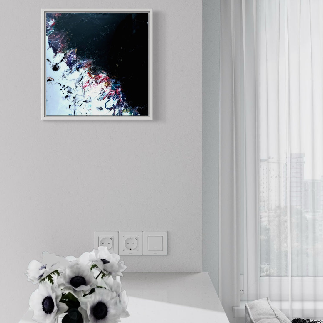 Original acrylic fluid piece titled “Eclipse Horizon” by Liam “Bowie” Washington featuring moody dark blues and illuminated white flow.