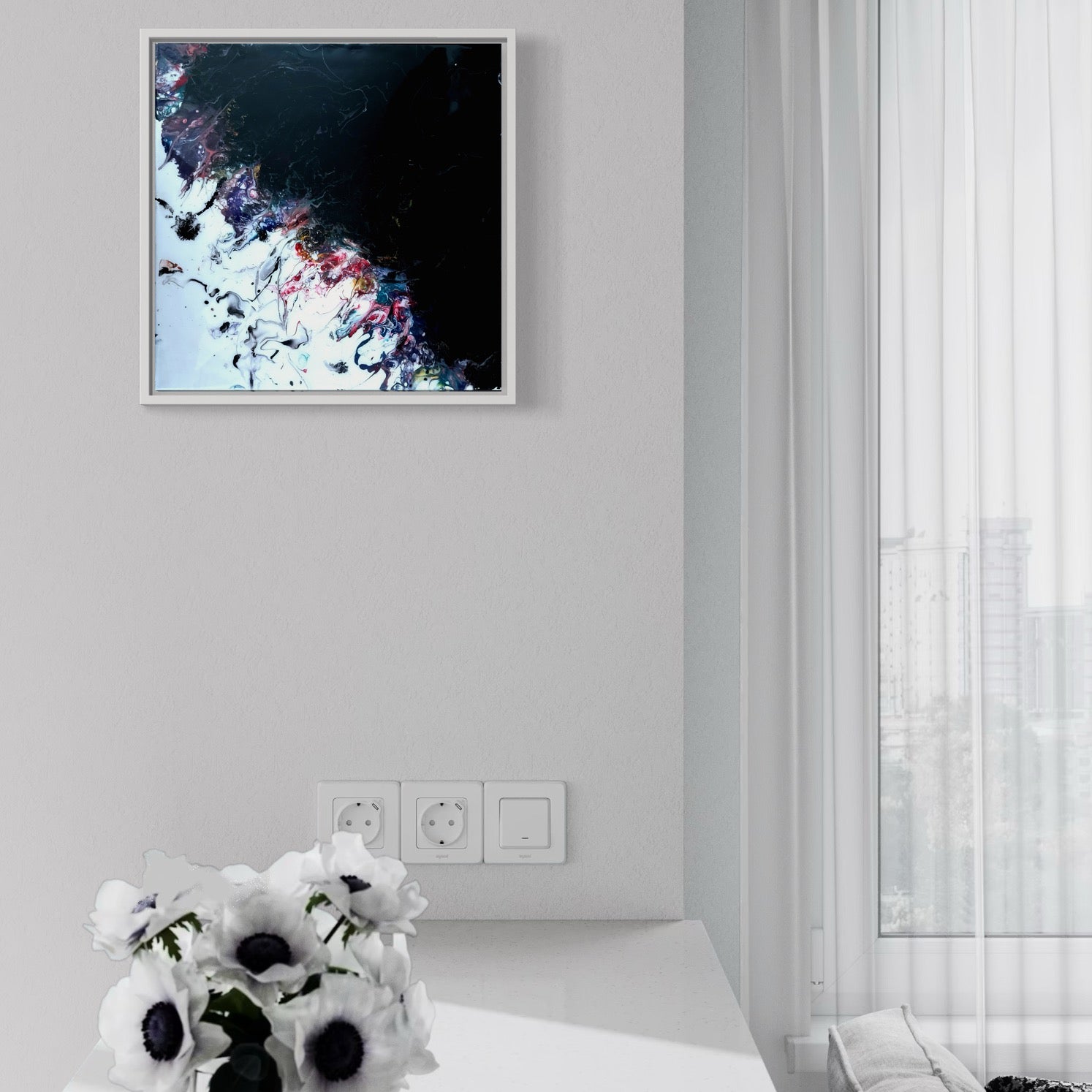 Original acrylic fluid piece titled “Eclipse Horizon” by Liam “Bowie” Washington featuring moody dark blues and illuminated white flow.