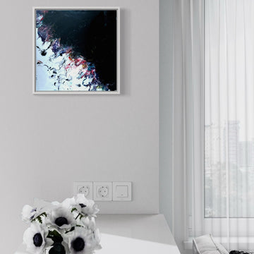 Original acrylic fluid piece titled “Eclipse Horizon” by Liam “Bowie” Washington featuring moody dark blues and illuminated white flow.