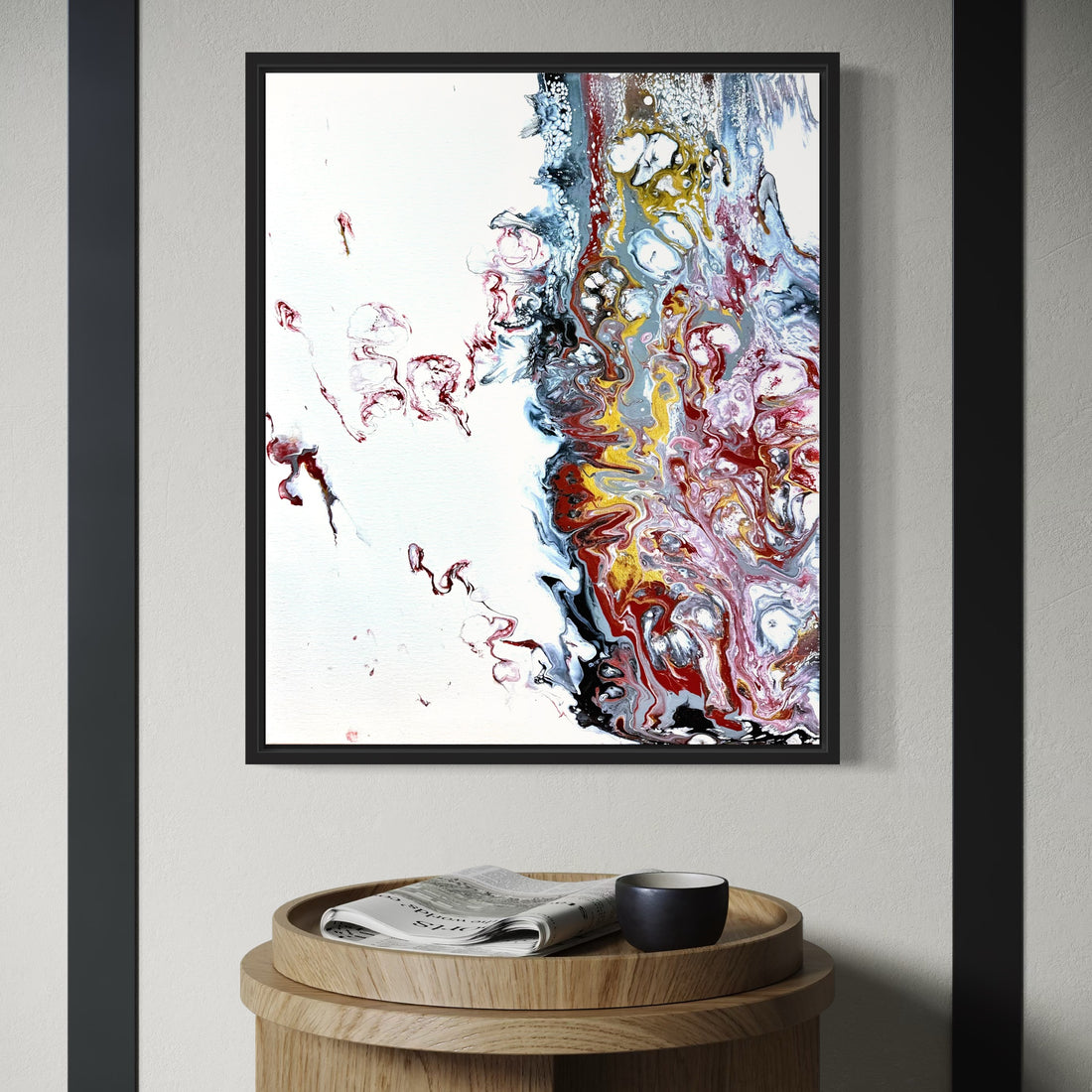 Original acrylic painting titled “Eruption” by Liam “Bowie” Washington with explosive fiery red tones and dramatic texture movement.