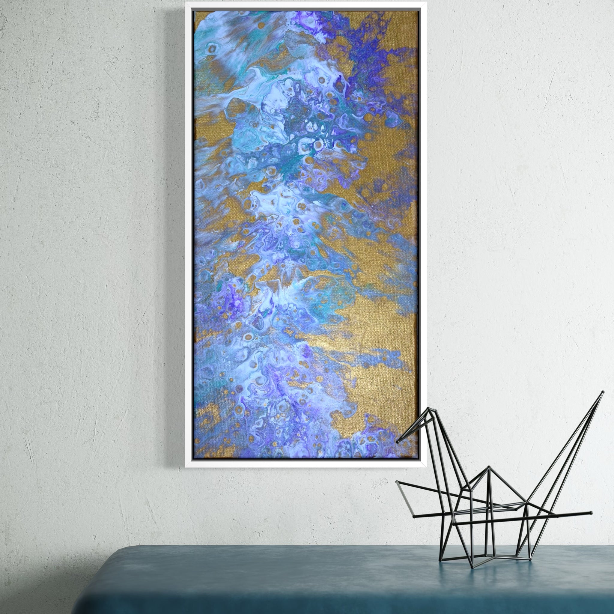 Original acrylic fluid art painting titled “Golden Drift” by Liam “Bowie” Washington, featuring gold, pearl white, and metallic movement.