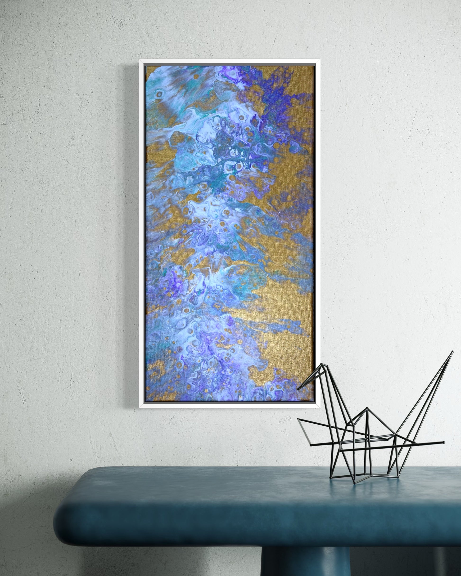 Original acrylic fluid art painting titled “Golden Drift” by Liam “Bowie” Washington, featuring gold, pearl white, and metallic movement.