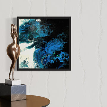 Original acrylic fluid art titled “Into the Deep” by Liam “Bowie” Washington with deep blue gradients and ocean-like swirling energy.