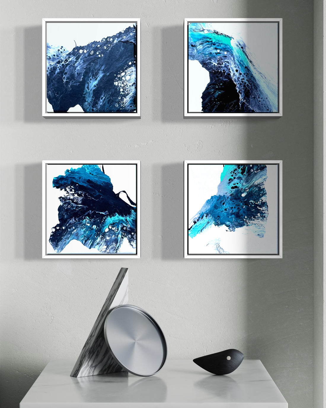 Set of 4 original acrylic fluid paintings titled “Ocean Currents” by Liam “Bowie” Washington, featuring blue and turquoise wave textures.