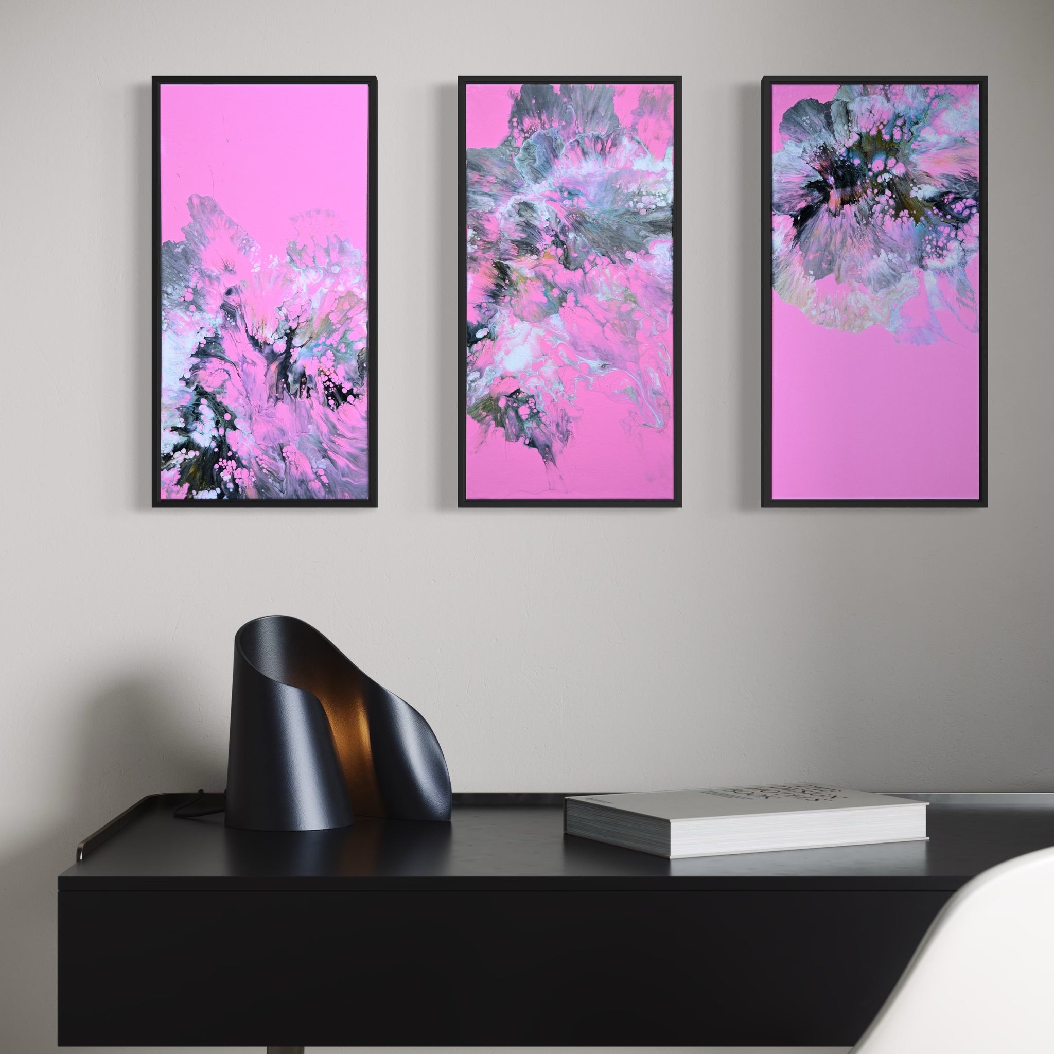Triptych set of 3 original acrylic fluid paintings titled “Pink Reverie” by Liam “Bowie” Washington, featuring vibrant pink, white, and dreamy abstract flow.