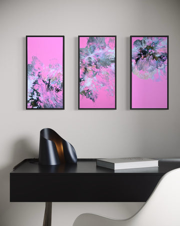 Triptych set of 3 original acrylic fluid paintings titled “Pink Reverie” by Liam “Bowie” Washington, featuring vibrant pink, white, and dreamy abstract flow.