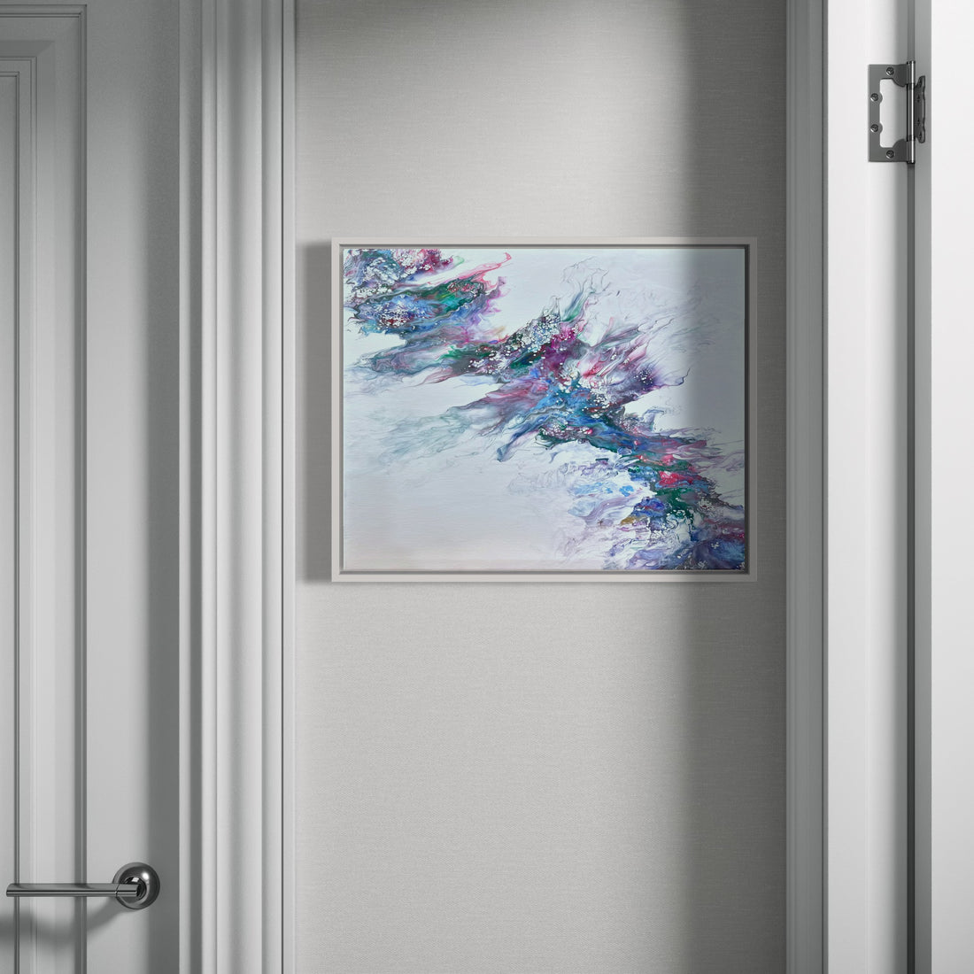 Original acrylic fluid artwork titled “River of Stars” by Liam “Bowie" Washington blending night-sky blacks and flowing starlight white.