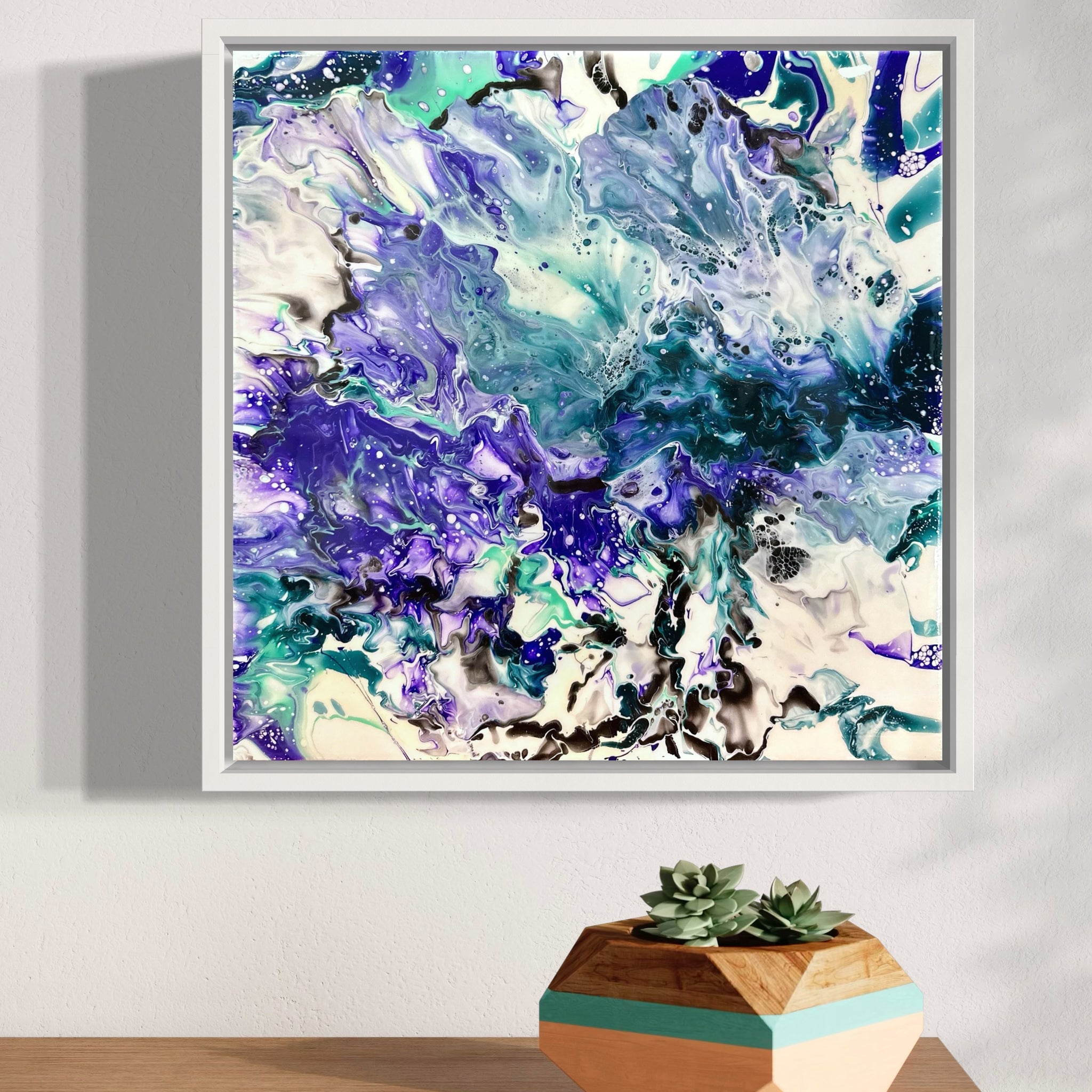 Original acrylic fluid art painting titled “Violet Bloom” by Liam “Bowie” Washington, featuring violet, lavender, and white flowing layers.