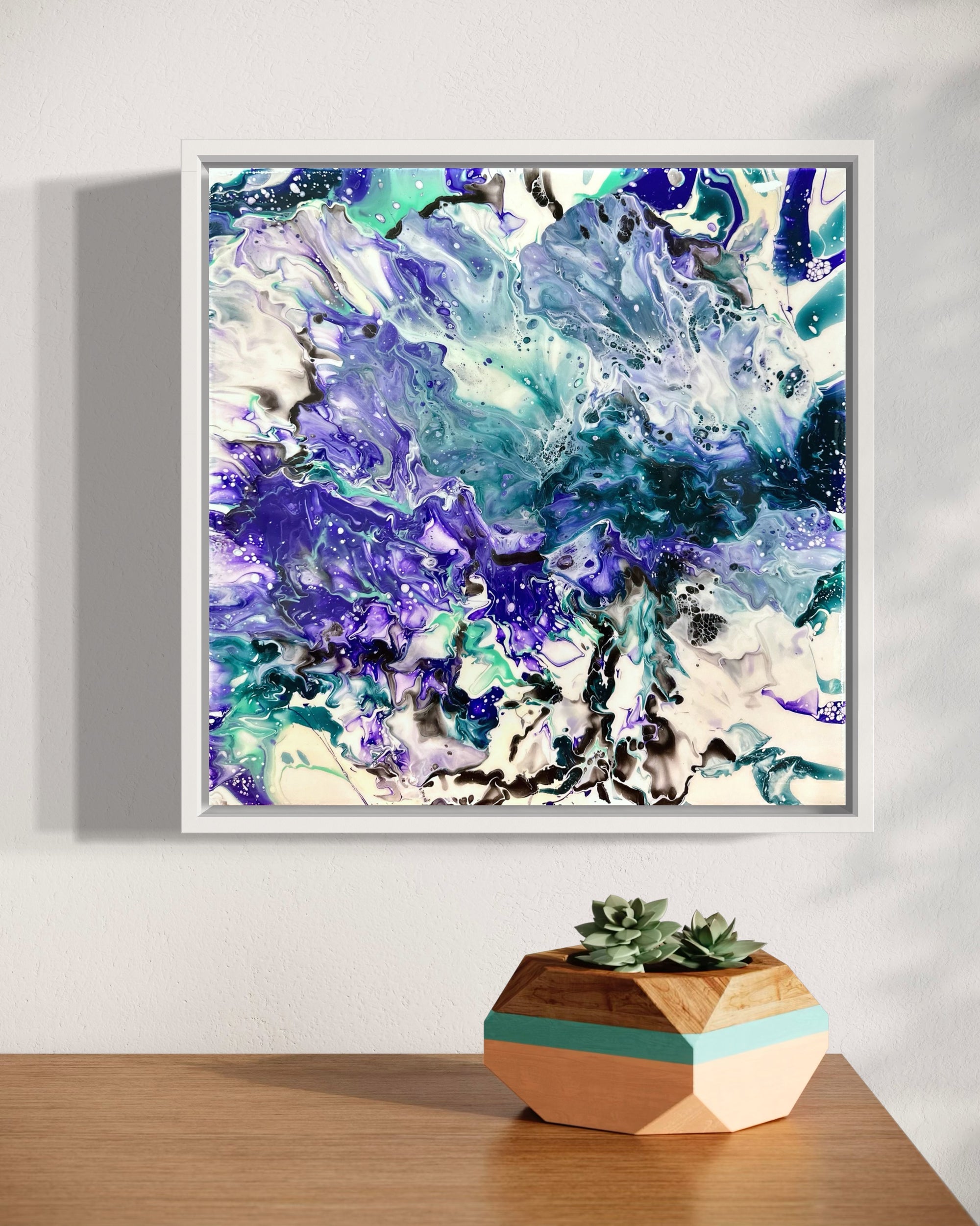 Original acrylic fluid art painting titled “Violet Bloom” by Liam “Bowie” Washington, featuring violet, lavender, and white flowing layers.