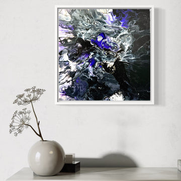 Original acrylic fluid art titled “Violet Tempest” by Liam “Bowie” Washington with swirling violet, silver, and soft white texture movement.