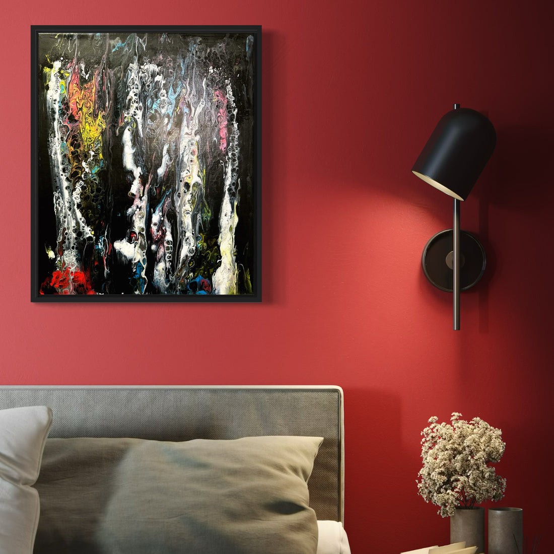 Original acrylic painting titled “Voices in the Dark” by Liam “Bowie” Washington with dramatic black, grey, and luminous white motion.