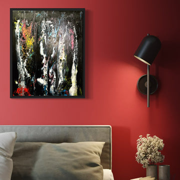 Original acrylic painting titled “Voices in the Dark” by Liam “Bowie” Washington with dramatic black, grey, and luminous white motion.